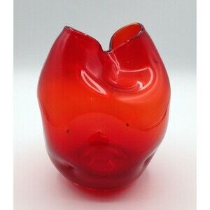 Vtg Bischoff Red Poinsettia Pinch Vase Art Glass Hand Blown Mid-Century Mod 6"